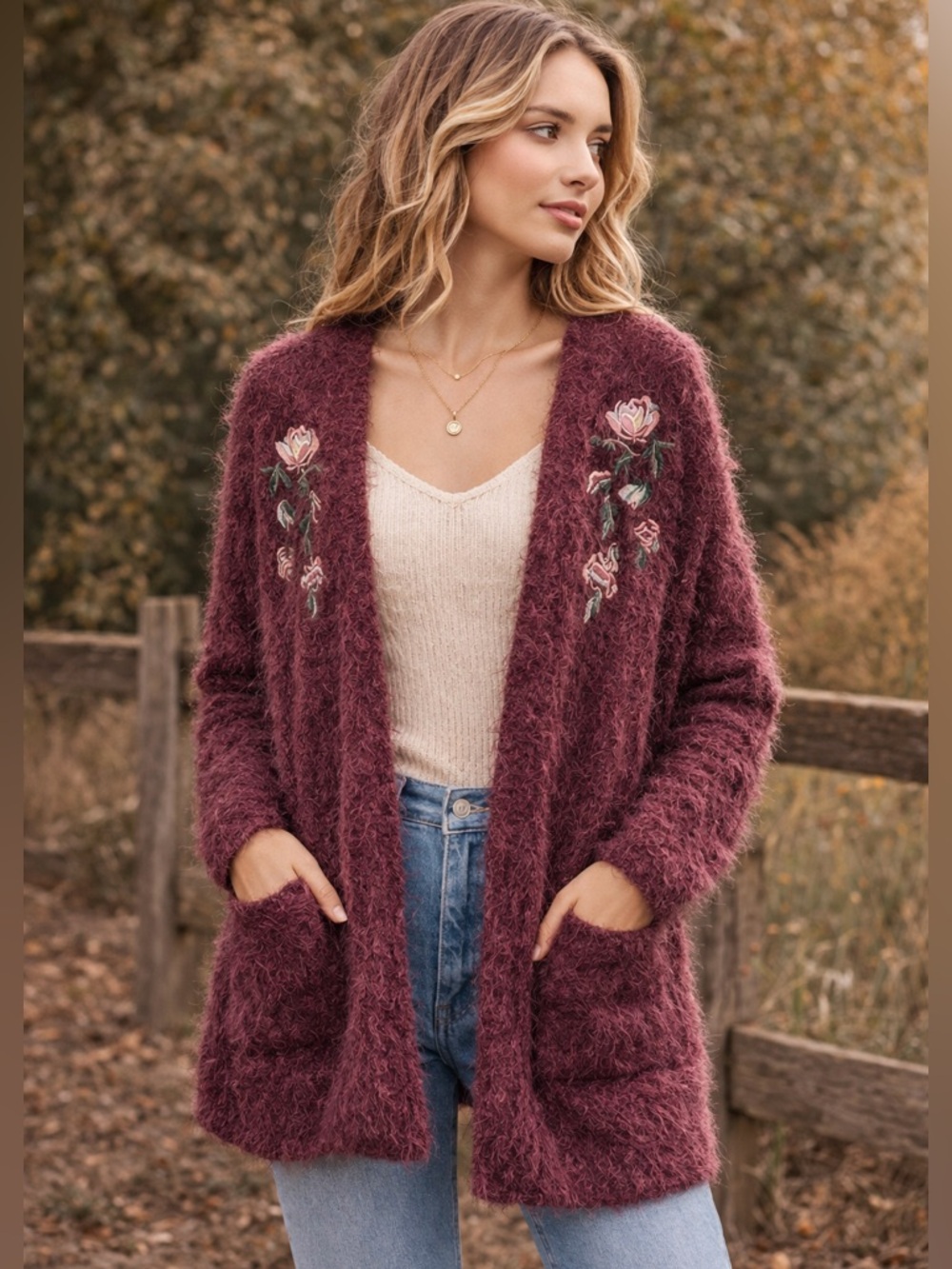 Knox Rose Womens Fuzzy Burgundy Cardigan Sweater Floral Embroidered Boho Duster - Picture 1 of 10
